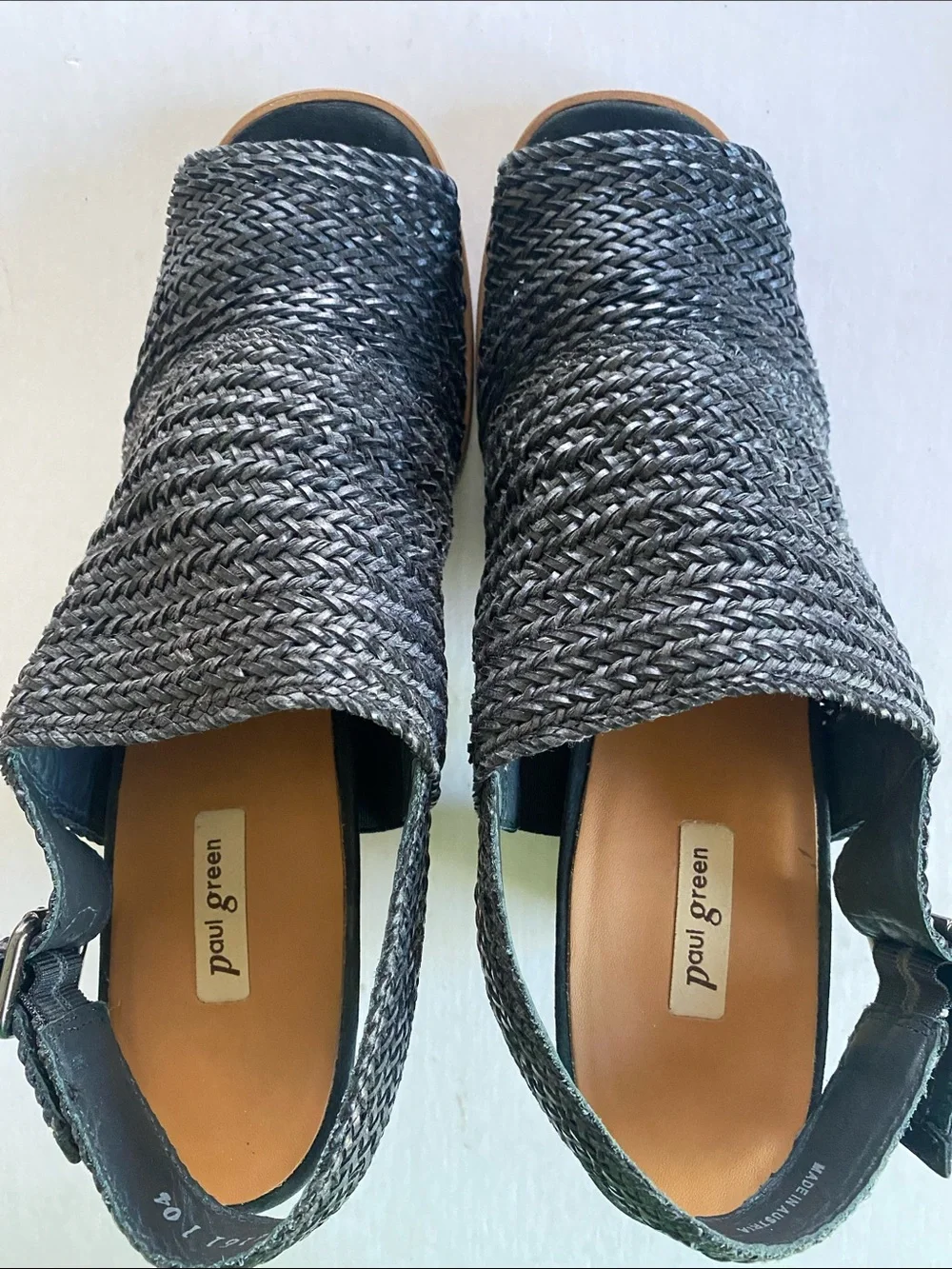 Paul Green Black Woven Open-Toe Slingback Leather Sandals Size 8